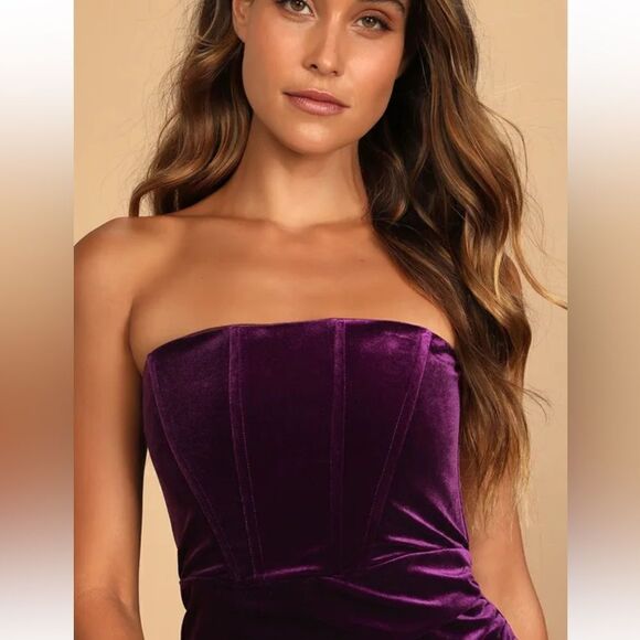 Lulu’s Dark Purple Velvet Strapless Tulip Dress | Size XS - Picture 4 of 10